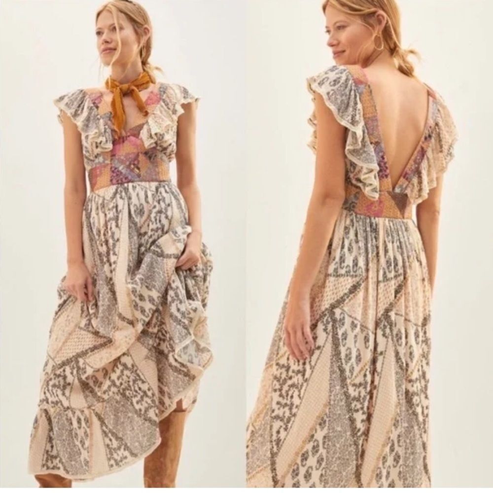 LetMeBe size Small Anthropologie Let Me Be Quilted Ruffle Patchwork Maxi Dress